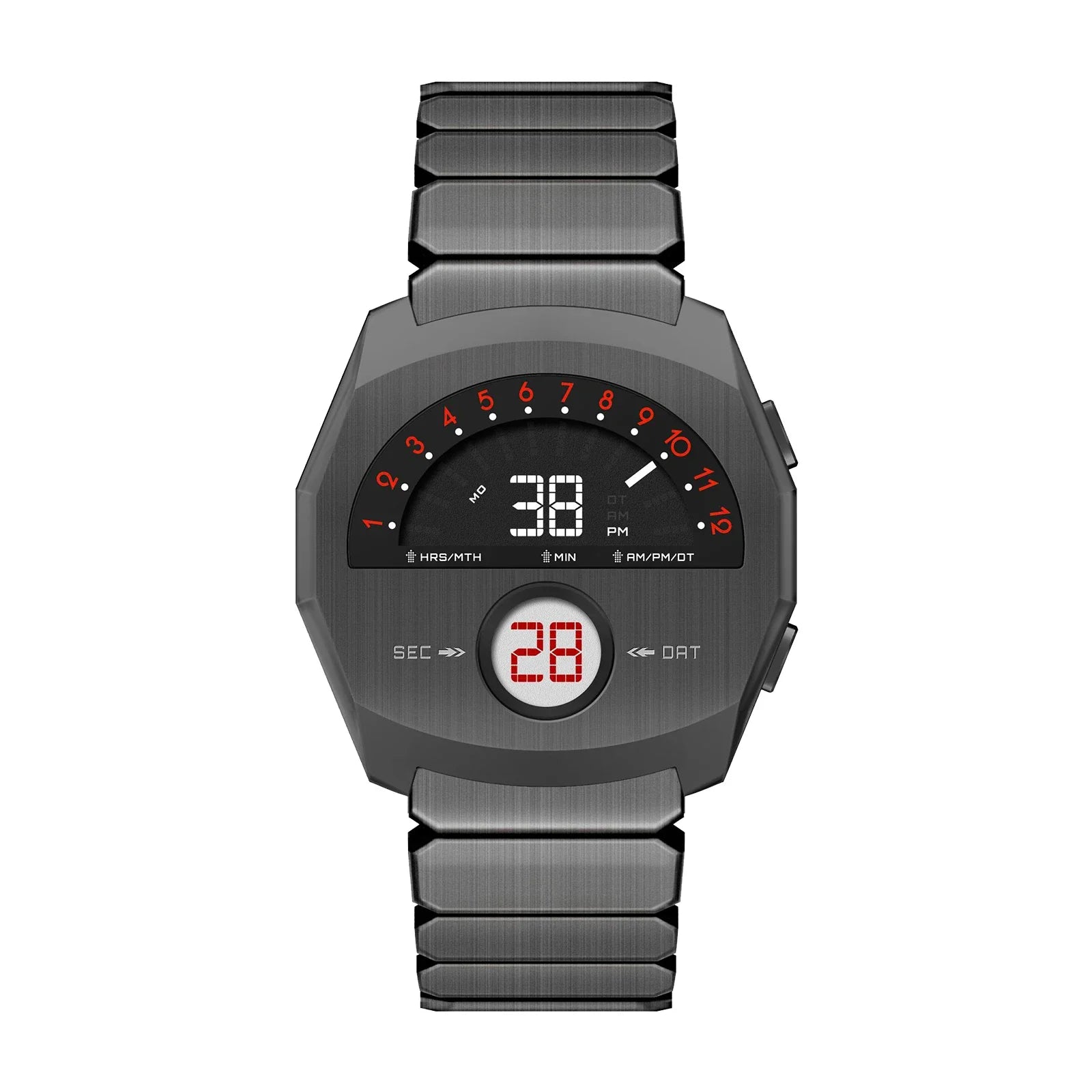 Modern stainless steel digital watch with red LED display, NEPTIOR retro-futuristic dual display watch by GIORGIO MARENO.