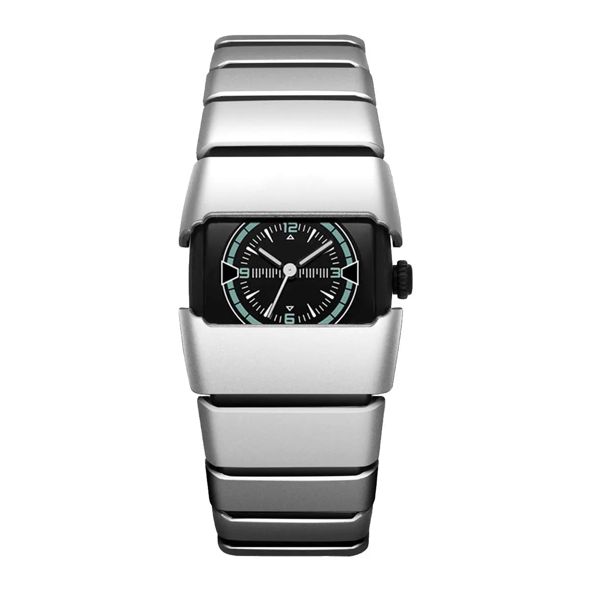 Maurice Belmont TURVEX men's designer rectangular watch with metal bracelet and sleek black dial.