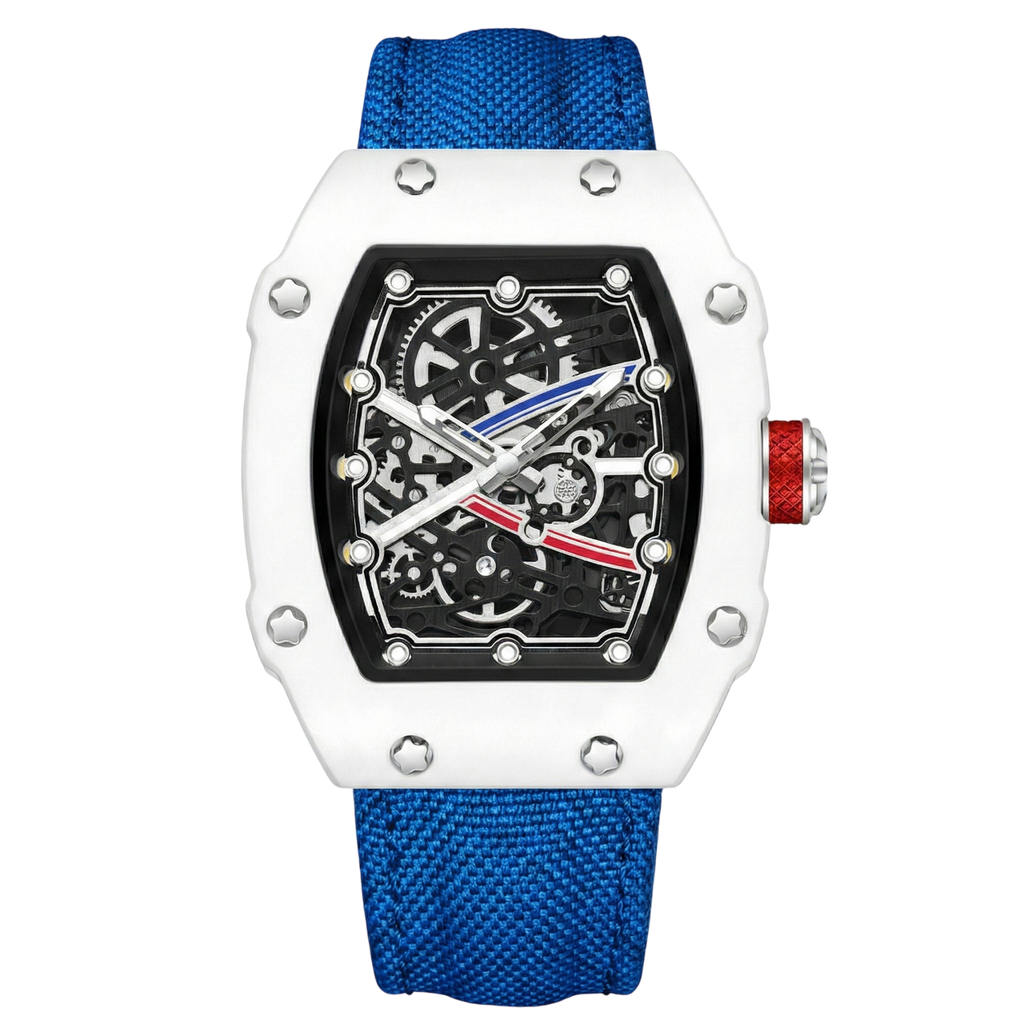 Skeleton tonneau sport watch by GIORGIO MARENO featuring a skeleton dial and sporty design in a tonneau-shaped stainless steel case.