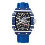 Skeleton tonneau sport watch by Giorgio Mareno featuring a skeleton dial and sporty design in a tonneau-shaped case.