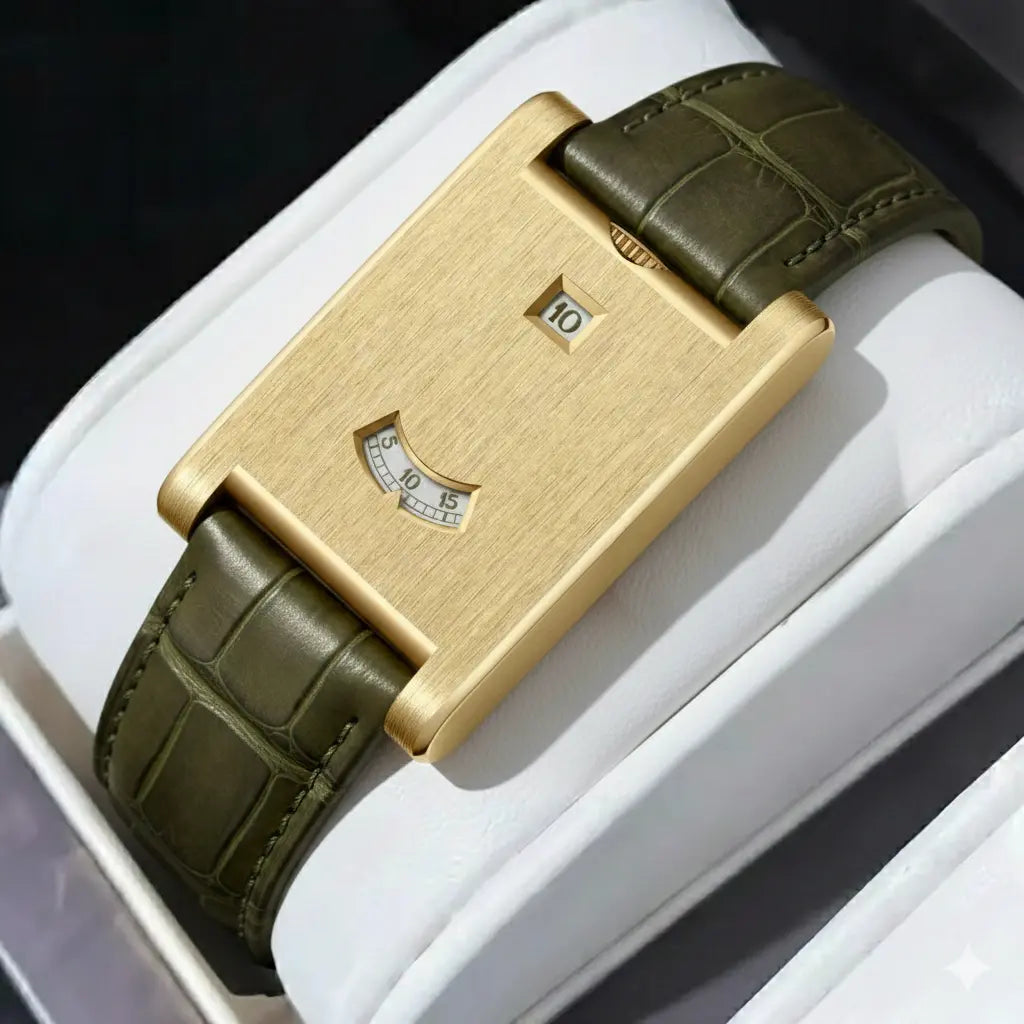 Rectangular GIORGIO MARENO DRYLAXO VX-580 dress watch with a sleek silver case and black leather strap.