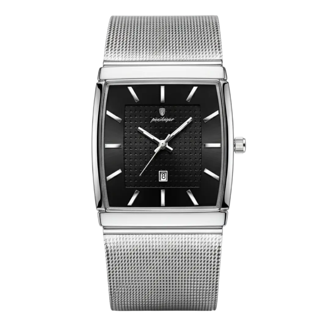 Sergio Cavelli LEVRON men's square watch with stainless steel Milanese mesh strap and minimalist black dial.