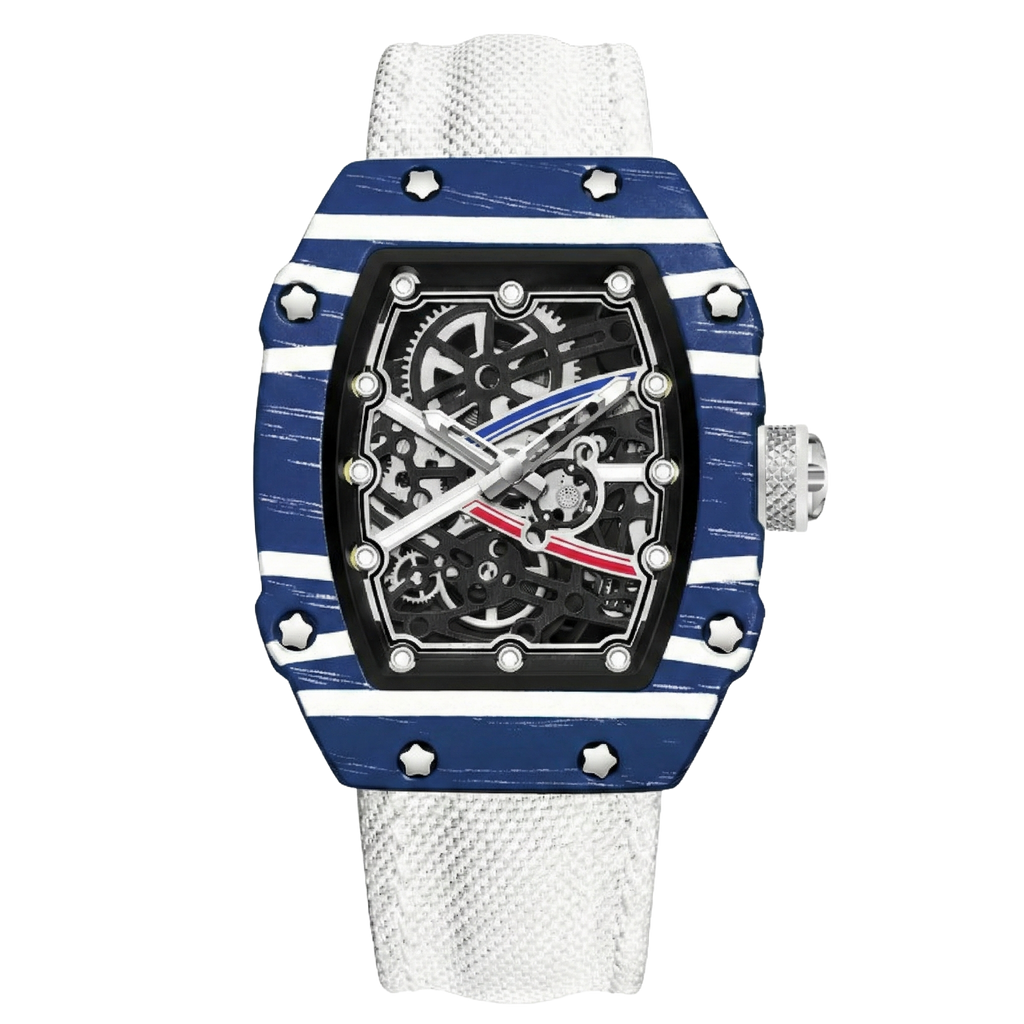 Giorgio Mareno KARYVEX Skeleton Tonneau Sport Watch with black dial, silver case, and sporty design.