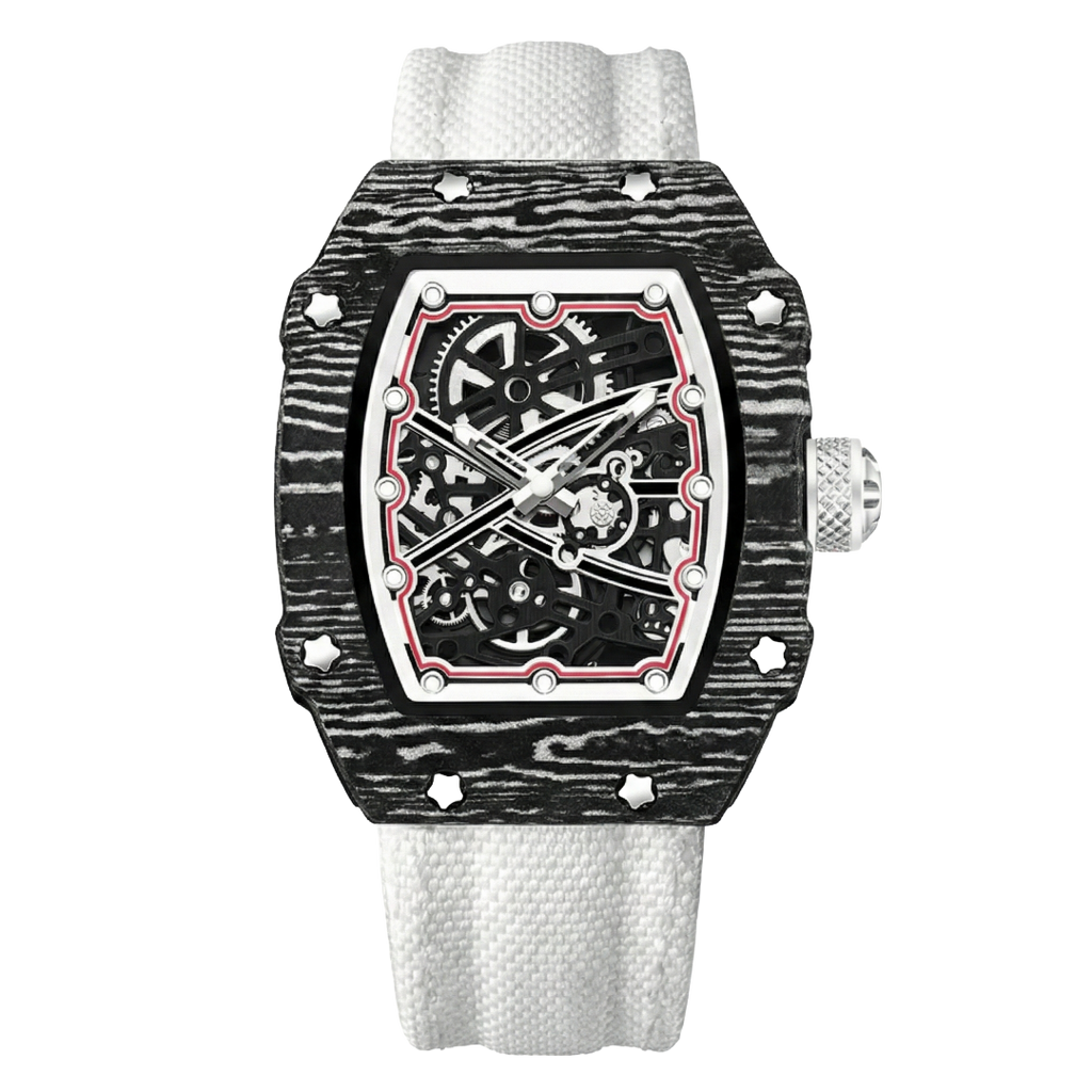 Skeleton Tonneau Sport watch by Giorgio Mareno featuring a skeleton dial and sporty design with black and silver tones.
