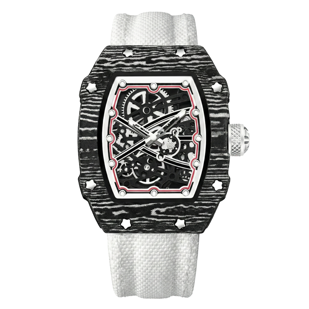Skeleton Tonneau Sport watch by Giorgio Mareno featuring a skeleton dial and sporty design with black and silver tones.