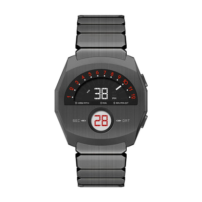 Modern stainless steel digital watch with red LED display, NEPTIOR retro-futuristic dual display watch by GIORGIO MARENO.