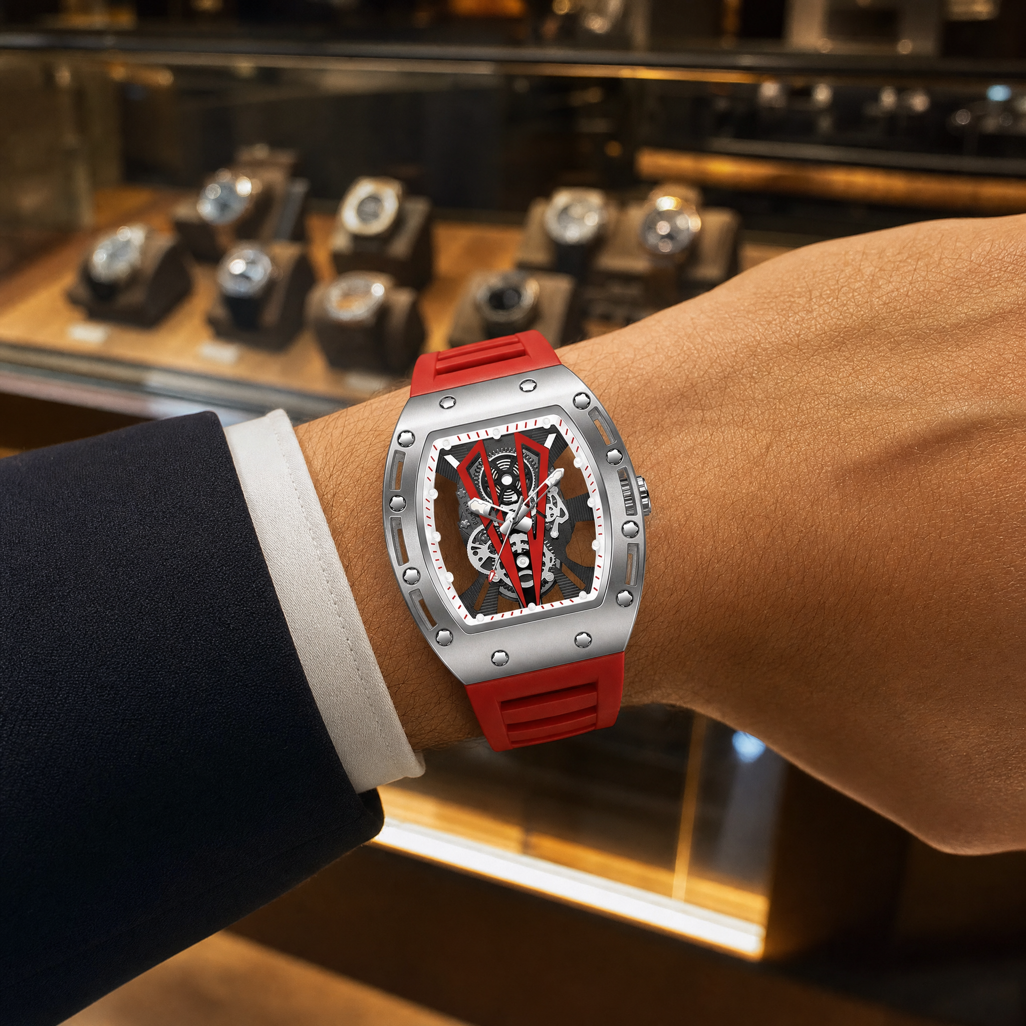 OKTARIS Skeleton Tonneau Sport Watch worn at a luxury watch boutique